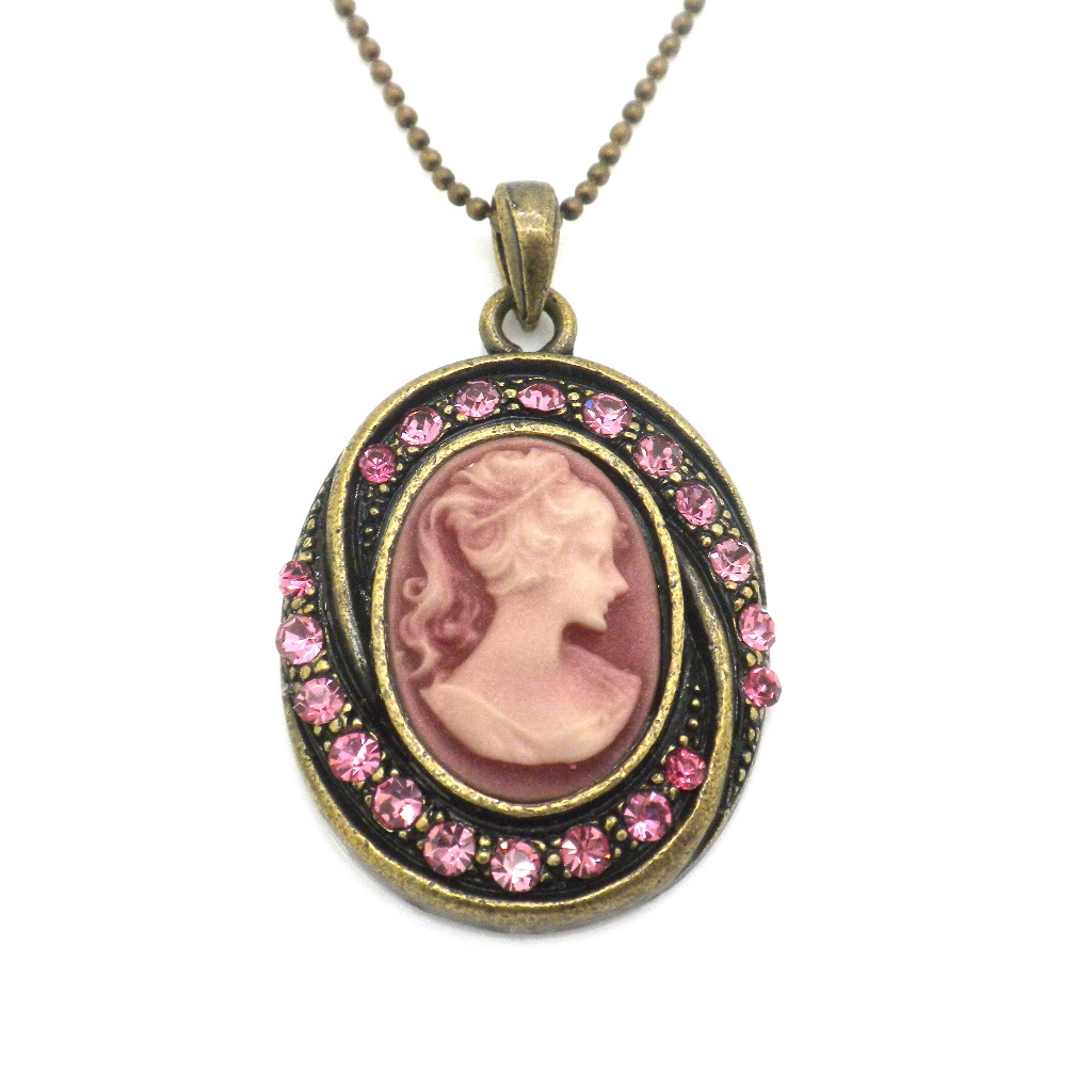 Pink Antiqued Gold Cameo Crystal Pendant Necklace